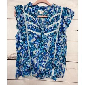 Allison New York Size SM Short Sleeve Top Multi Blue Ruffles Preppy Cute